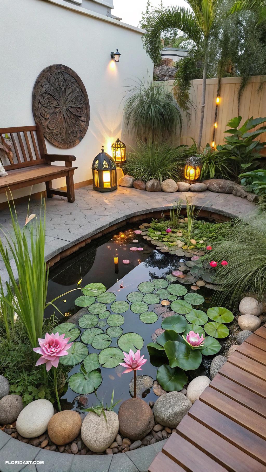 small courtyard gardens Water feature with aquatic plants