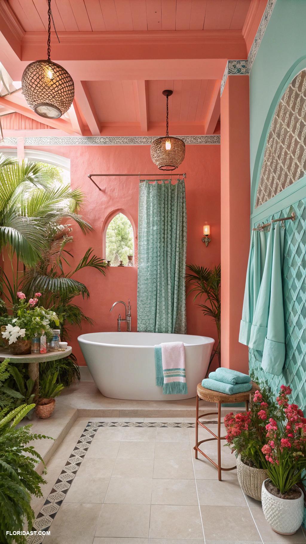 tropical bathrooms Bright coral and aqua color scheme