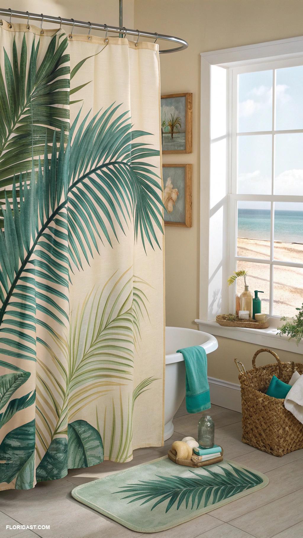 tropical bathrooms Palm leaf motif shower curtains