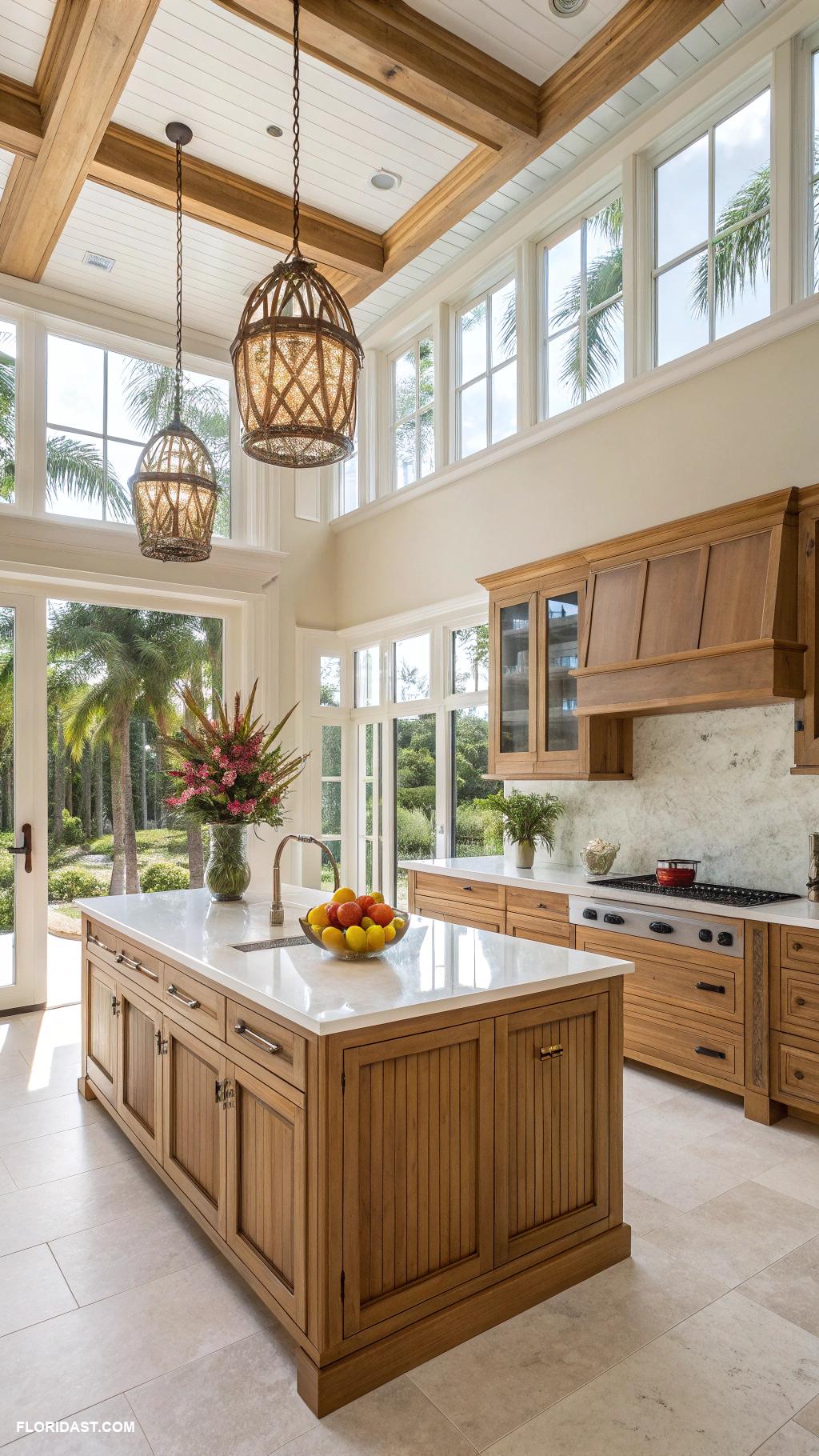 tropical kitchens Natural wood cabinetry and accents