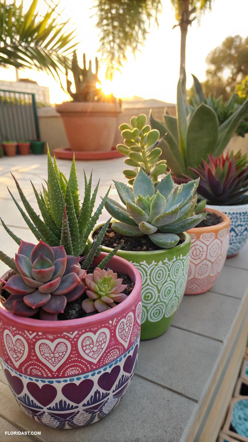 tropical planter ideas Succulent arrangement in colorful ceramic pots