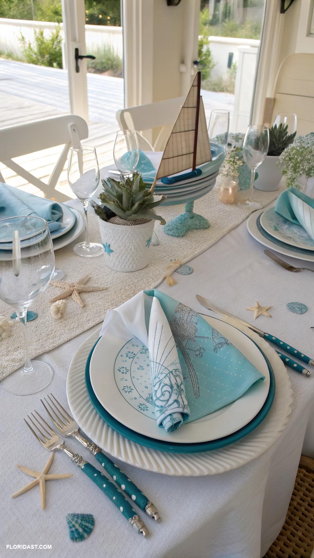 beach house dining room ideas Nautical themed tableware and linens