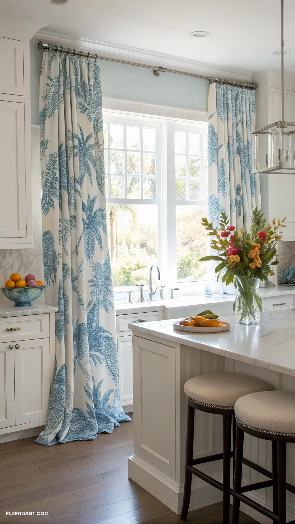 blue and white kitchens Blue patterned curtains with white cabinets