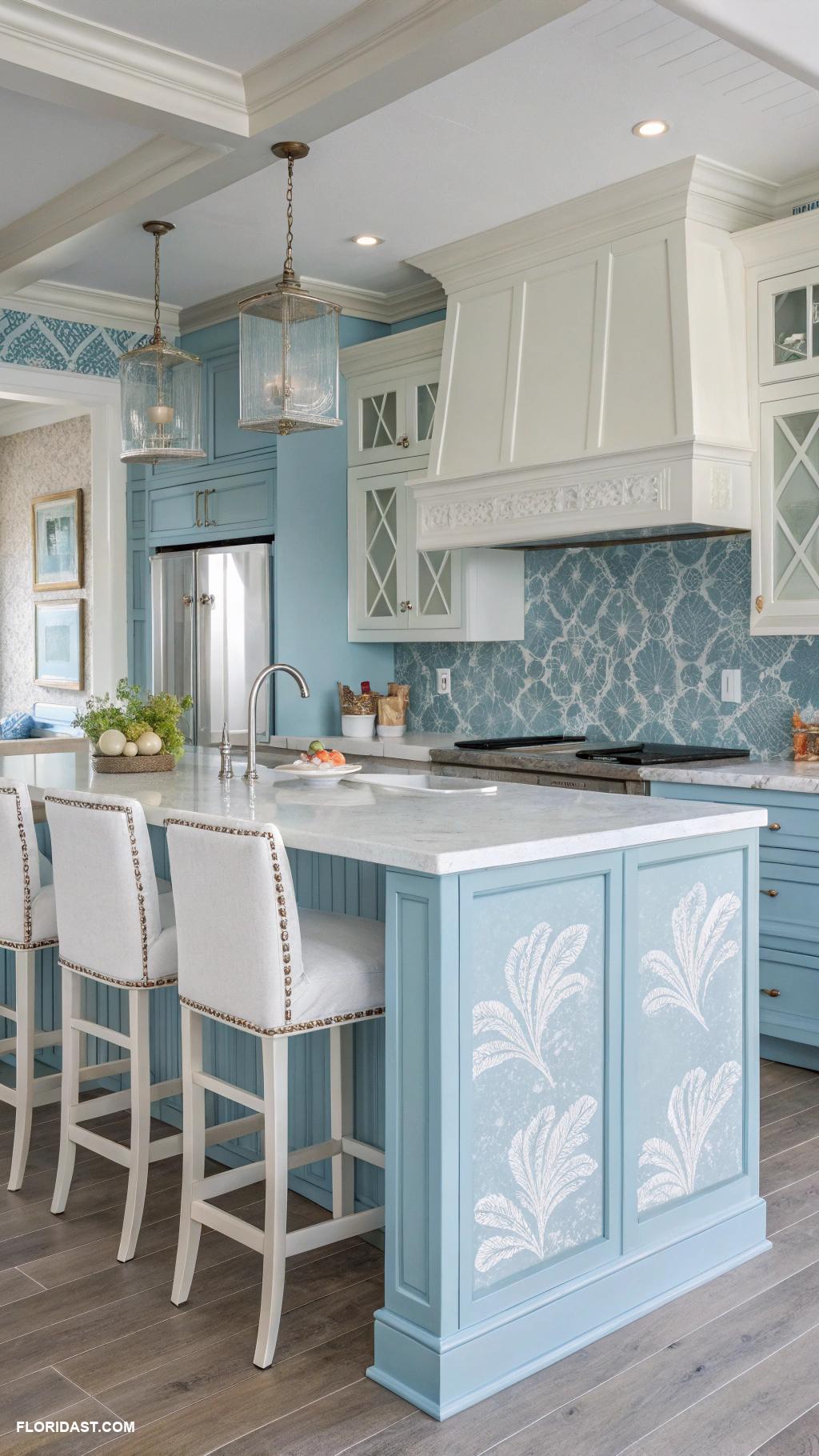 blue and white kitchens Coastal themed blue and white cabinetry