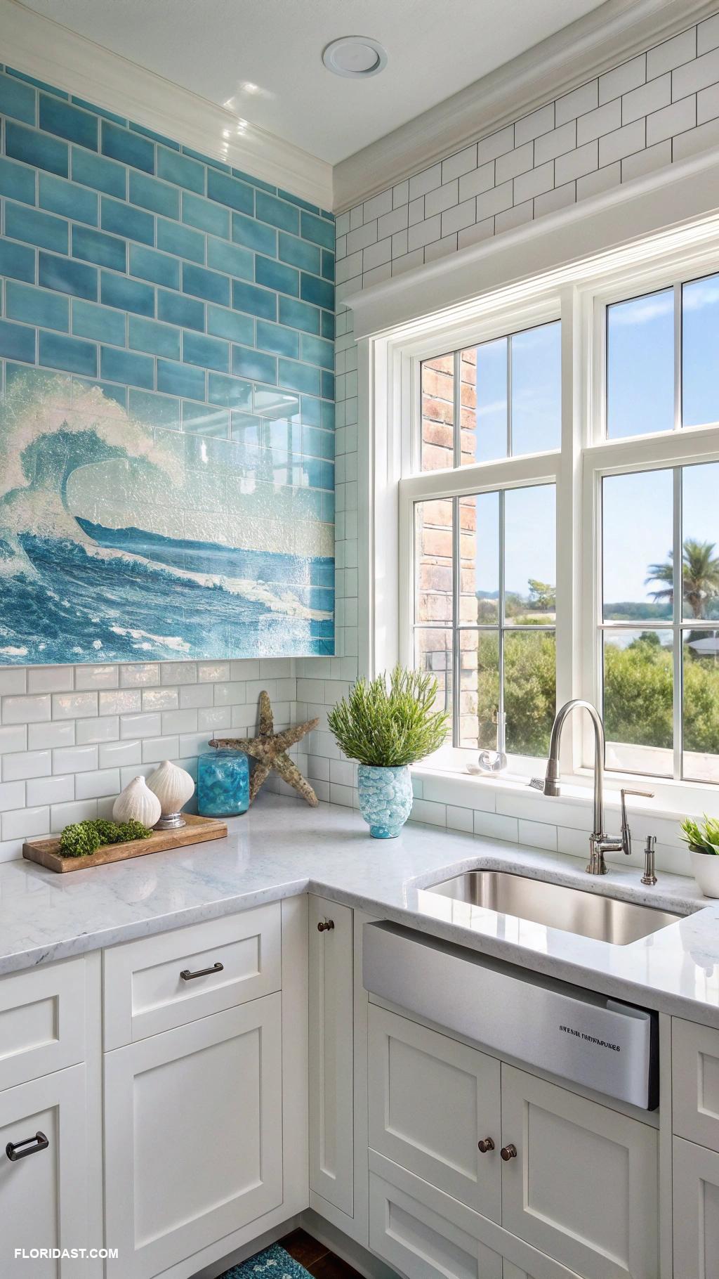 blue and white kitchens Crisp white subway tiles with blue backsplash