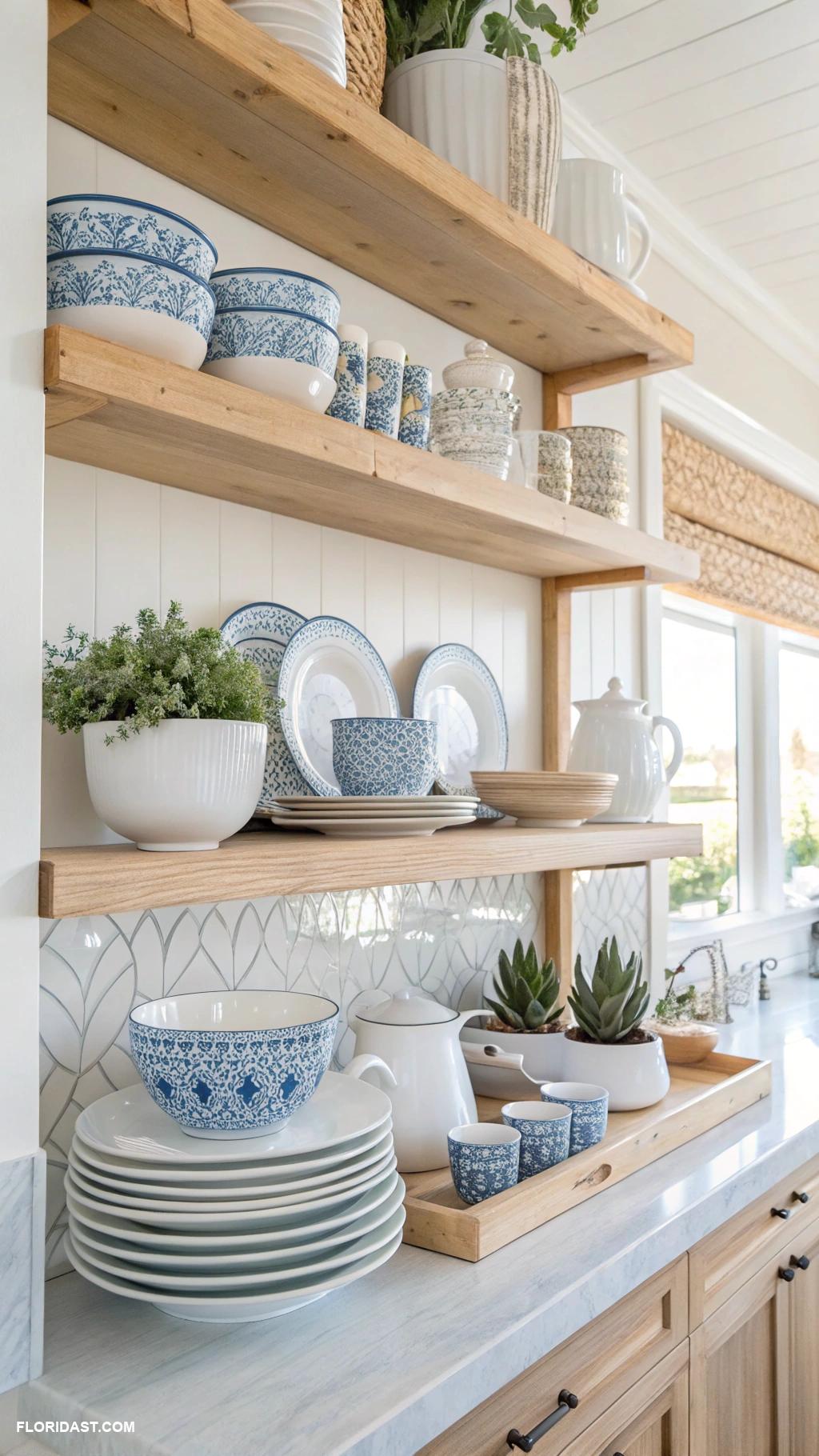 blue and white kitchens Open shelving displaying white ceramics and blue