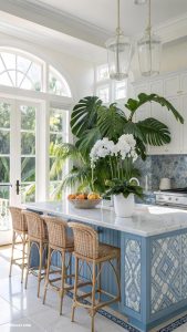 blue and white kitchens Tropical plants enhancing blue and white space