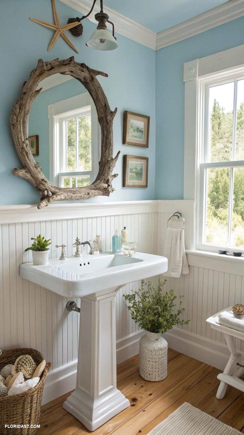 blue coastal bathrooms Driftwood mirror above vintage sink