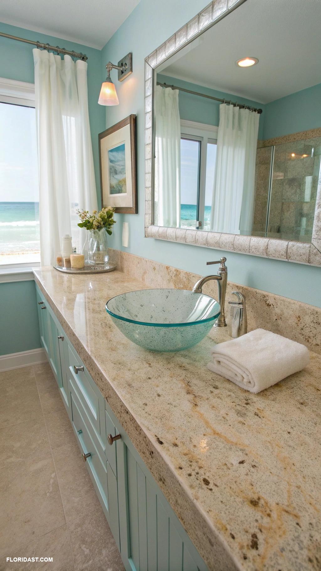 blue coastal bathrooms Natural stone countertops for earthy touch