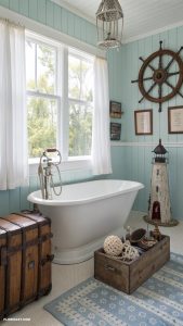 blue coastal bathrooms Vintage nautical artifacts as accents