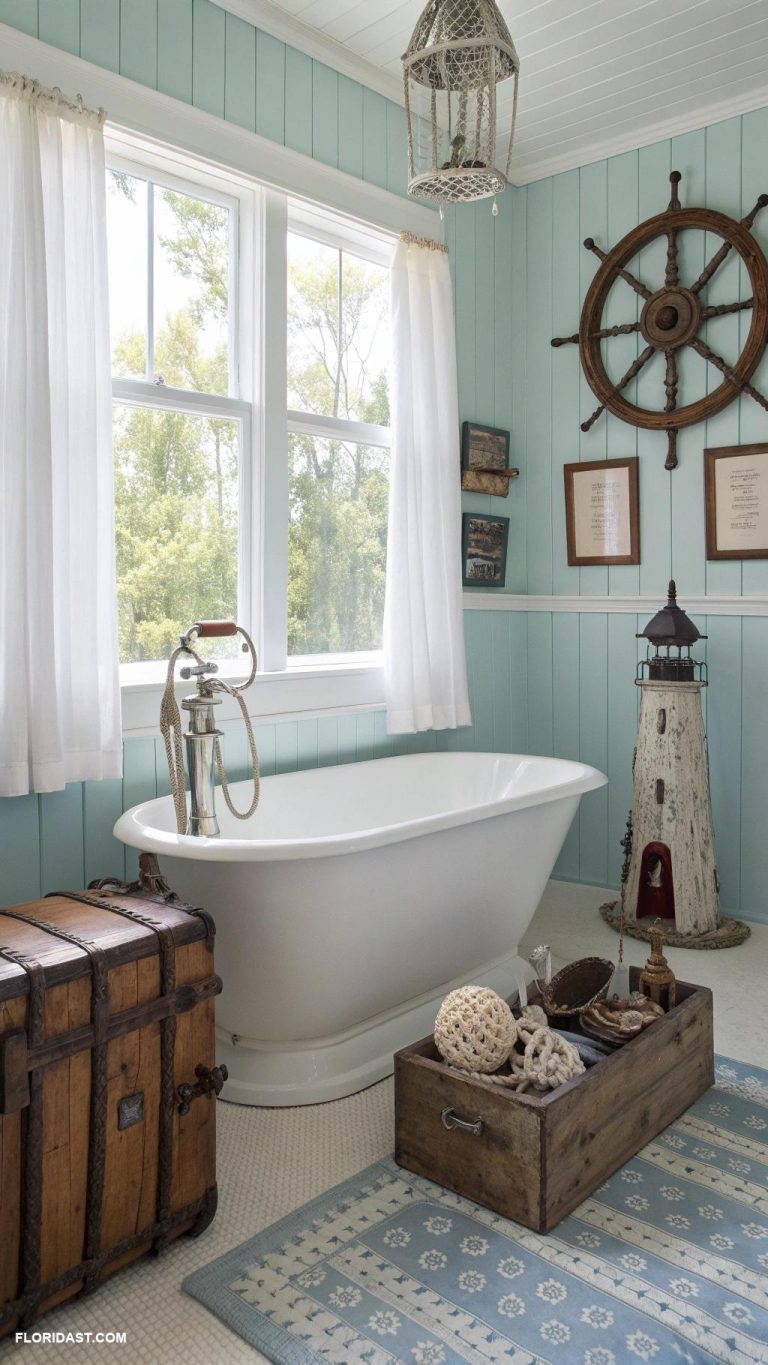 blue coastal bathrooms Vintage nautical artifacts as accents