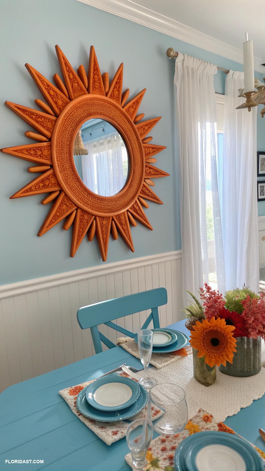 blue dining room ideas Bright orange sunburst mirror centerpieces