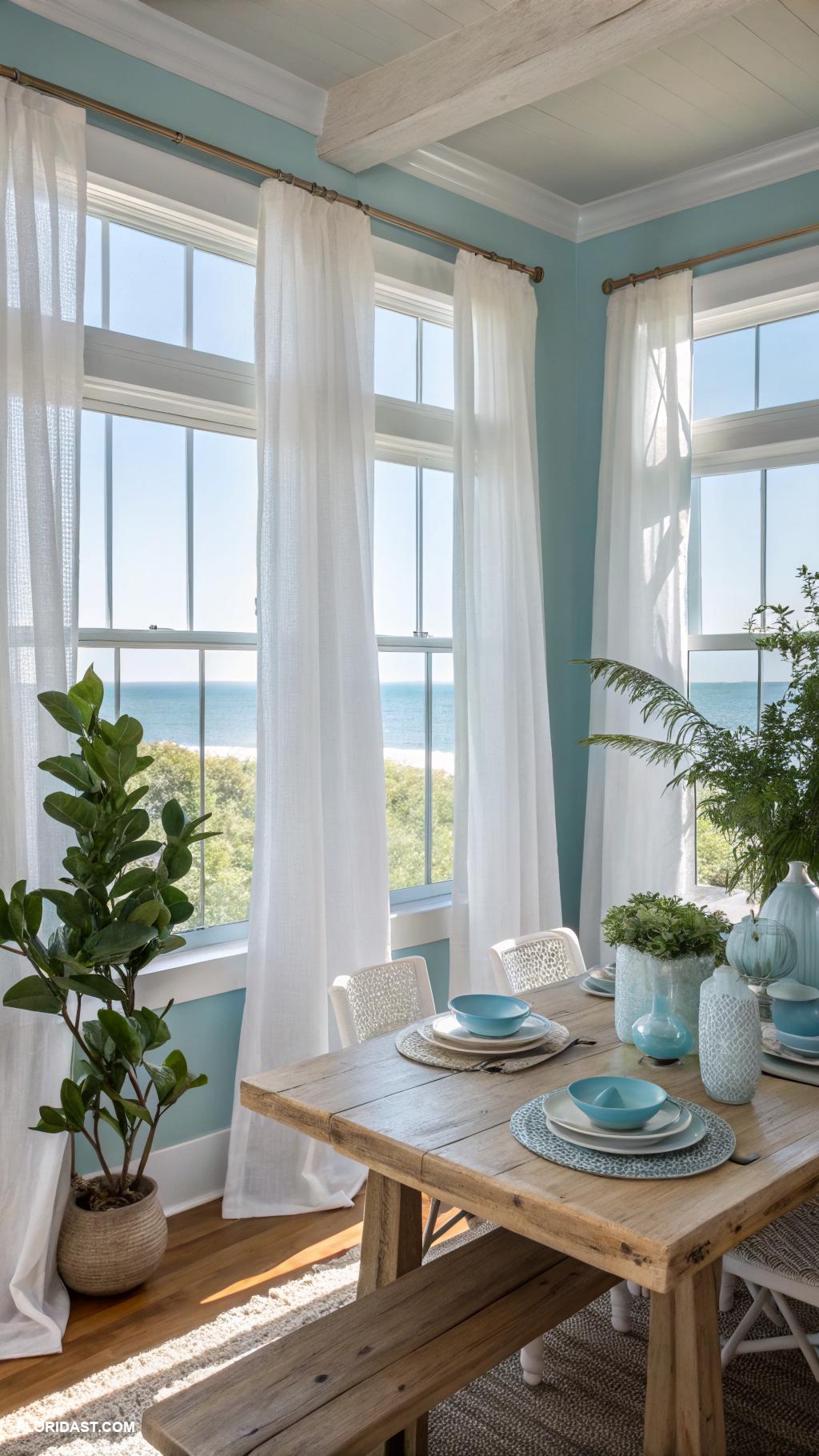 blue dining room ideas Linen curtains fluttering in sea breeze