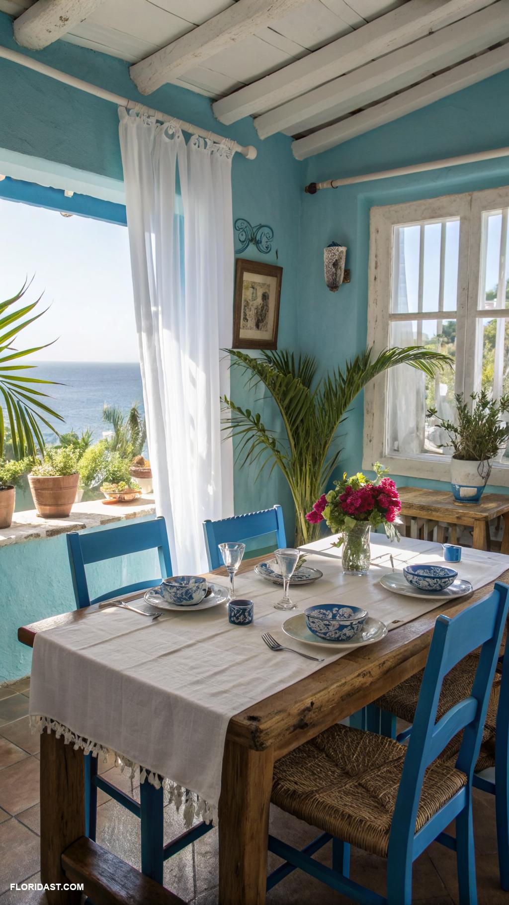 blue dining room ideas Rustic wood dining table with blue chairs
