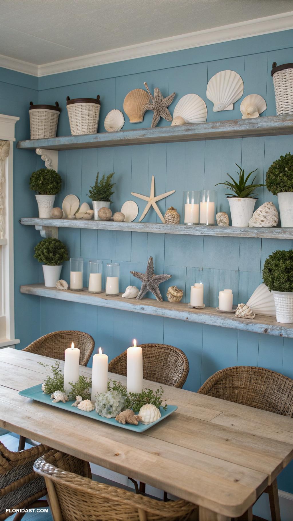 blue dining room ideas Shell decorations on dining shelves