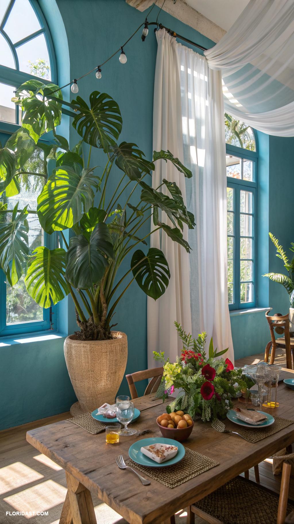 blue dining room ideas Tropical plants for vibrant atmosphere