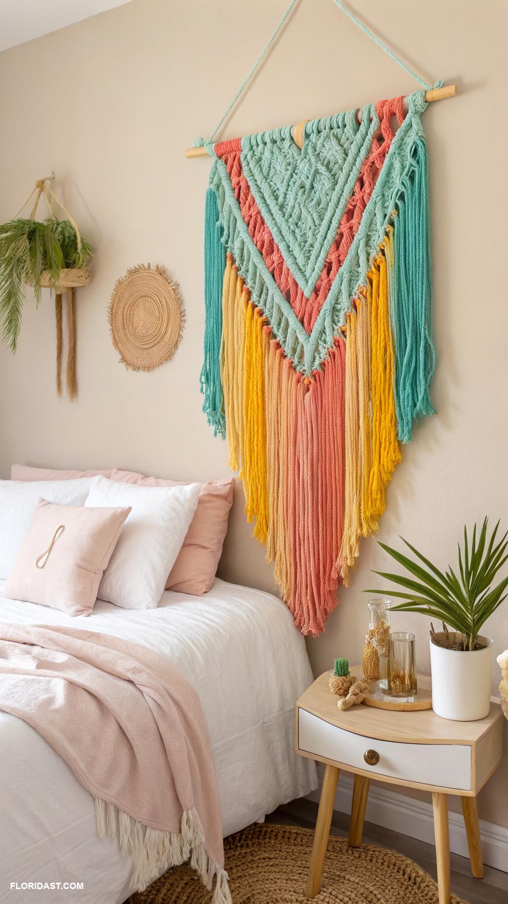 boho beachy bedroom ideas Brightly colored macrame wall hangings