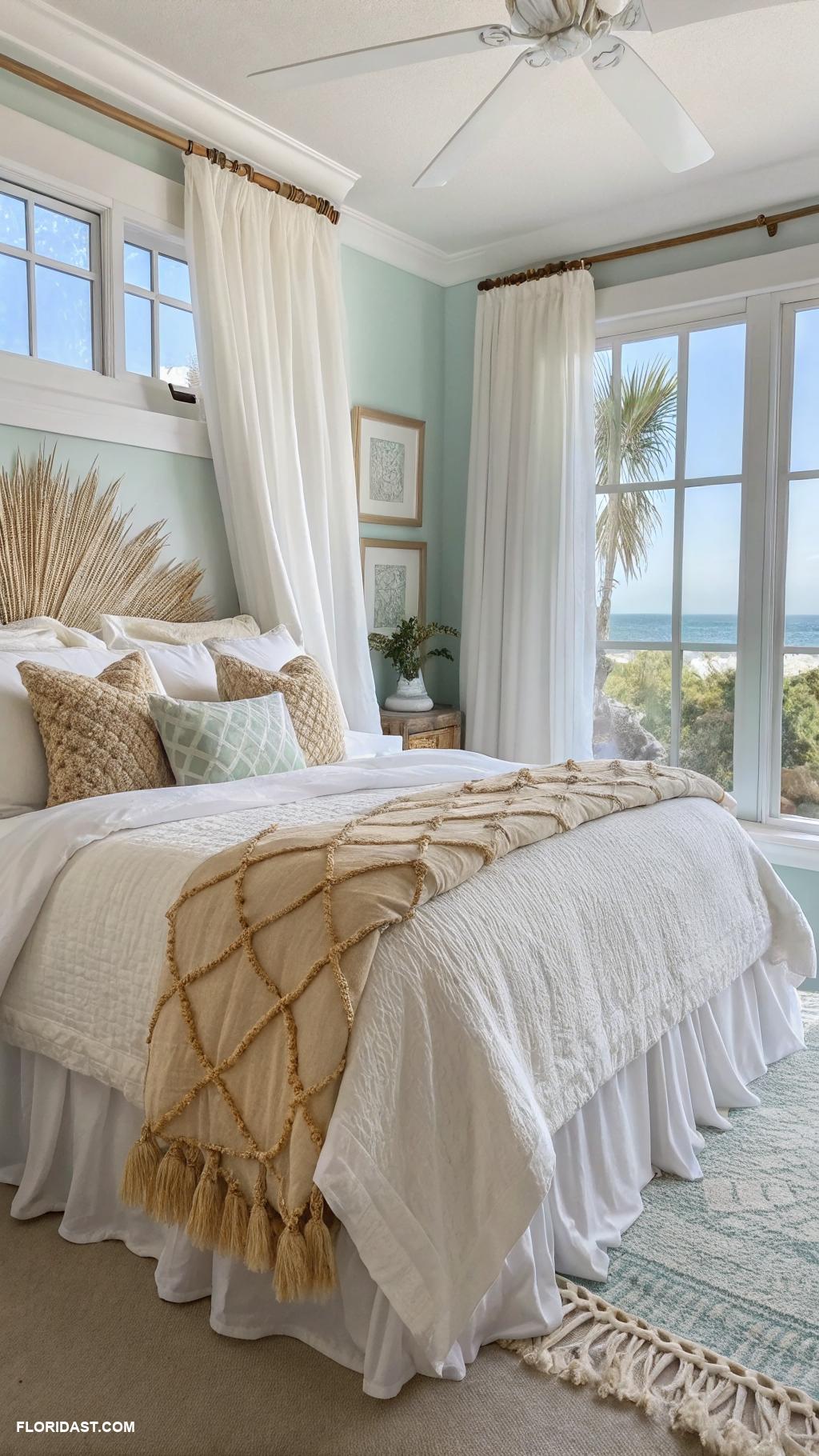 boho beachy bedroom ideas Layered white linen bedding