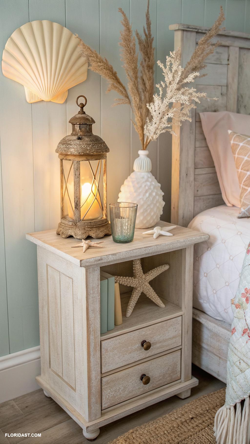 boho beachy bedroom ideas Shell decor on nightstands