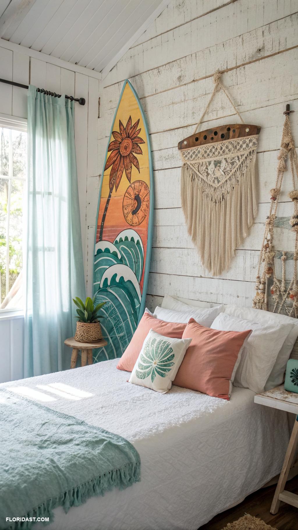 boho beachy bedroom ideas Surfboard decor as headboard