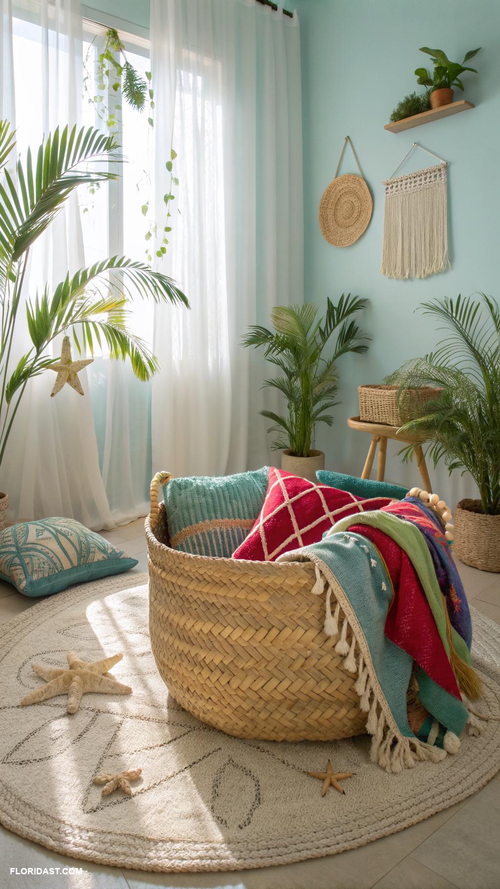 boho beachy bedroom ideas Woven baskets for storage solutions