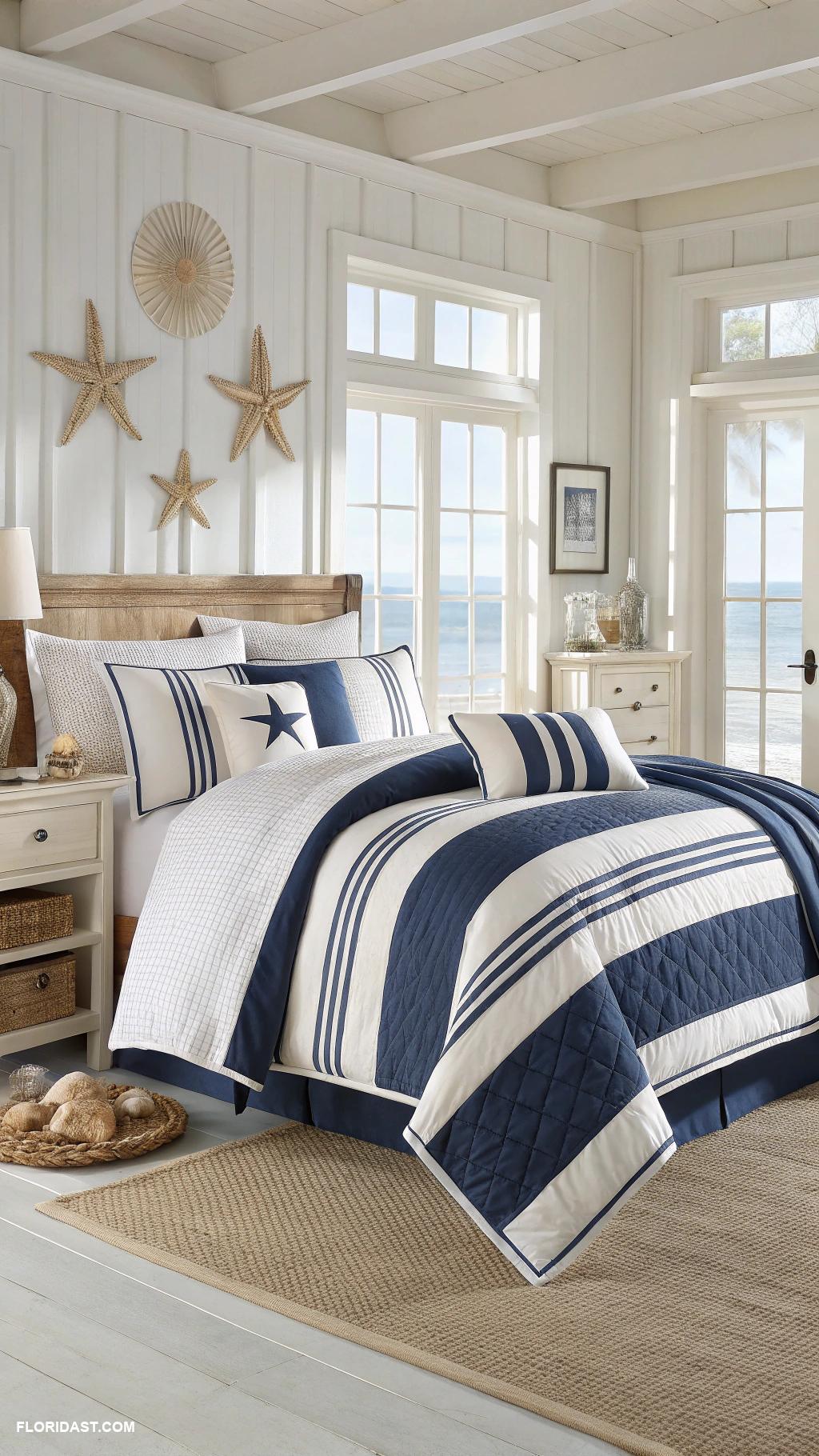 coastal bedding ideas Nautical stripes in blue and white