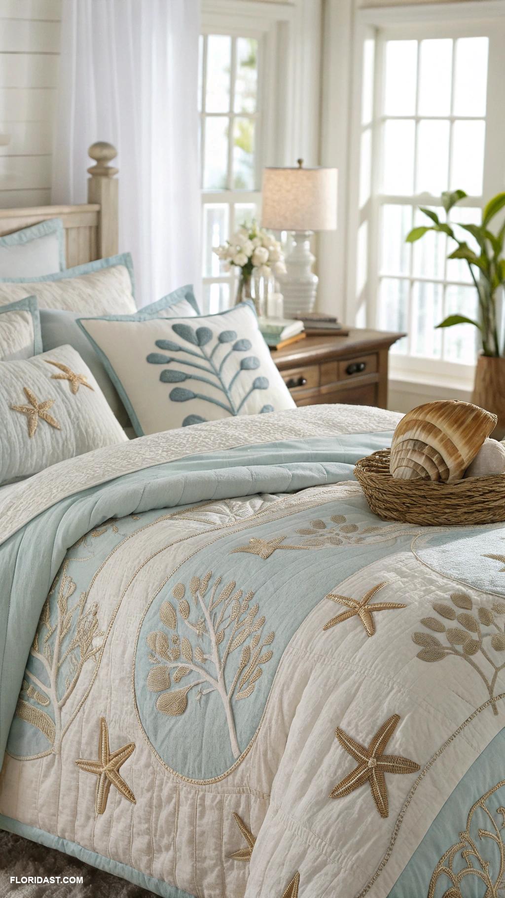 coastal bedding ideas Seashell cushions for coastal charm