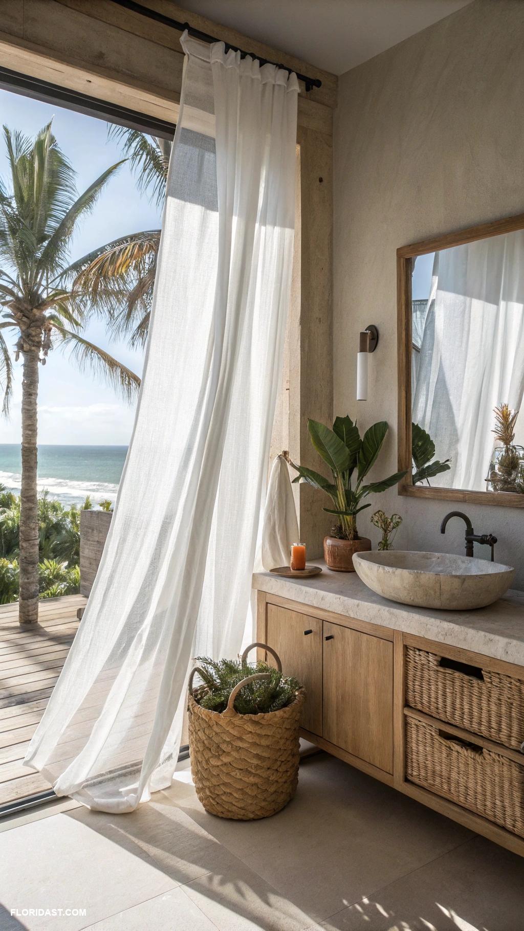 coastal boho bathroom ideas Linen curtains for a breezy atmosphere