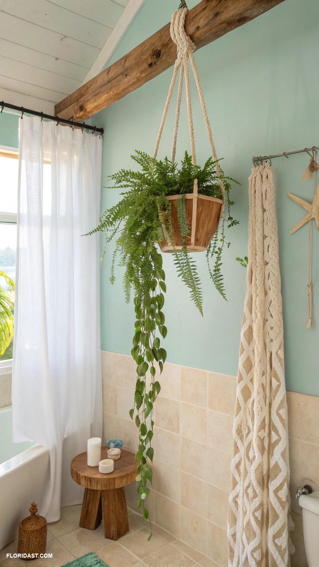 coastal boho bathroom ideas Macrame hanging plants for texture