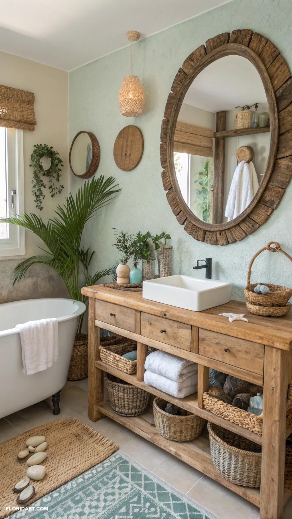 coastal boho bathroom ideas Natural wood accents for a warm feel