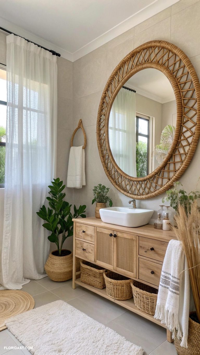 coastal boho bathroom ideas Rattan mirrors to enlarge and brighten space