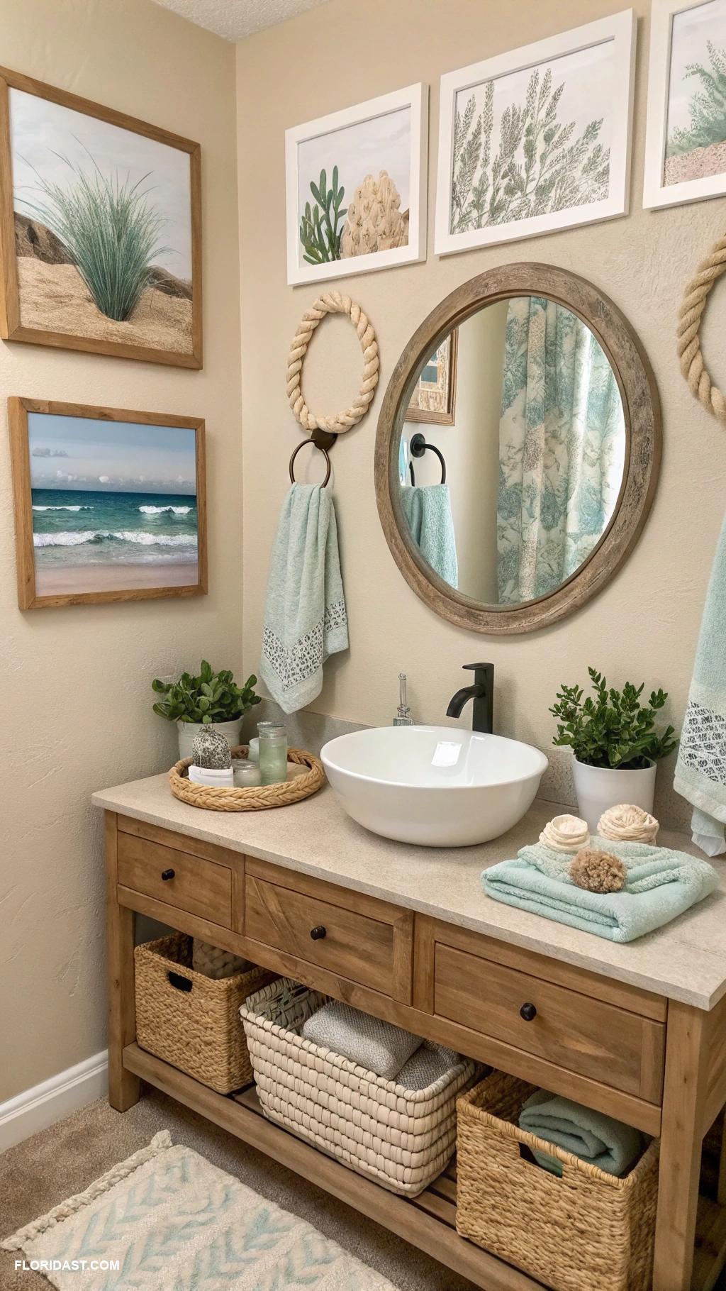 coastal boho bathroom ideas Sandy beige walls for a serene backdrop