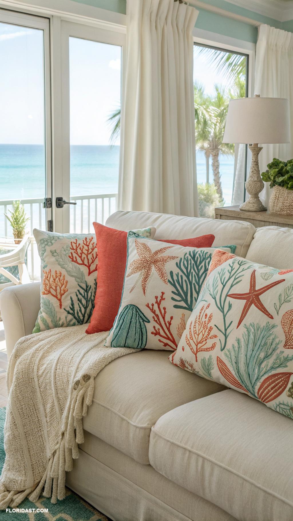 coastal boho living room ideas Colorful throw pillows in ocean hues
