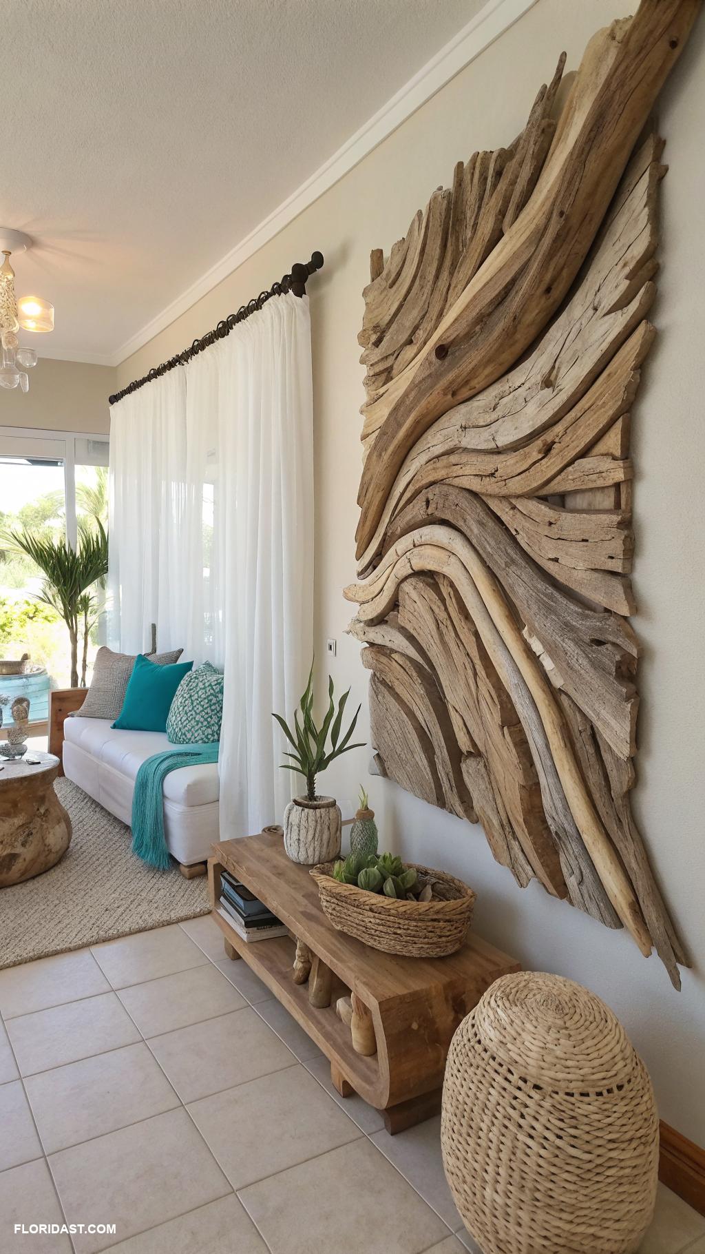 coastal boho living room ideas Driftwood art pieces for rustic charm