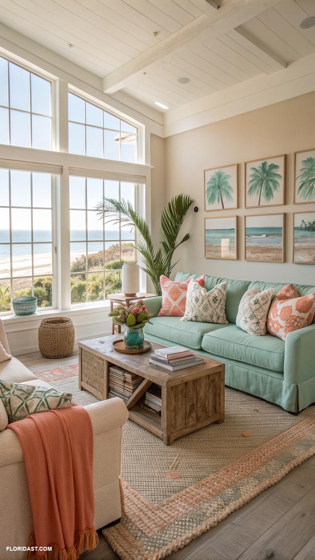 coastal boho living room ideas Large windows for natural sunlight ambiance