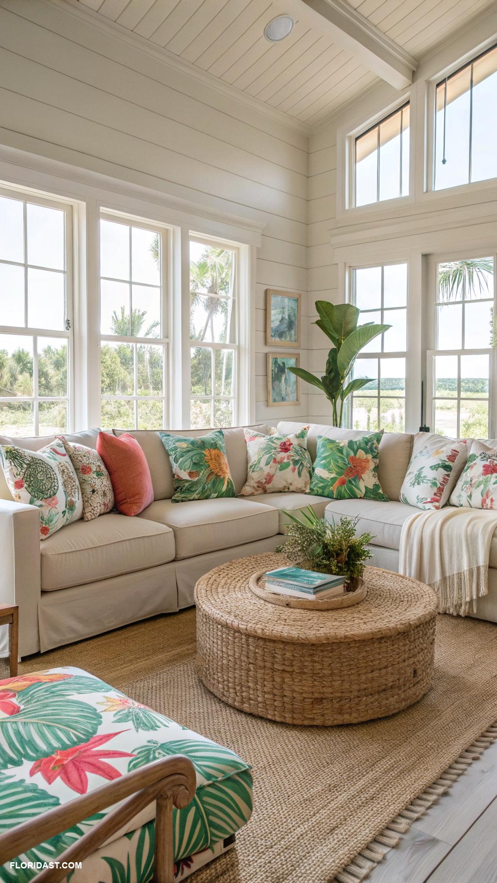 coastal boho living room ideas Light colored furniture with tropical prints