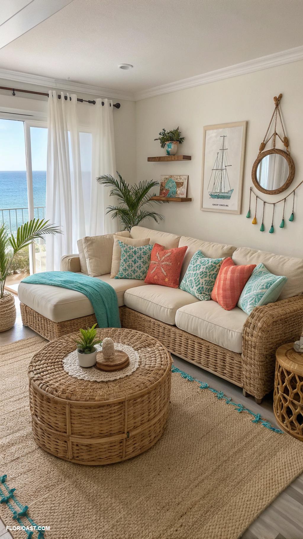 coastal boho living room ideas Rattan accents for beachy aesthetics