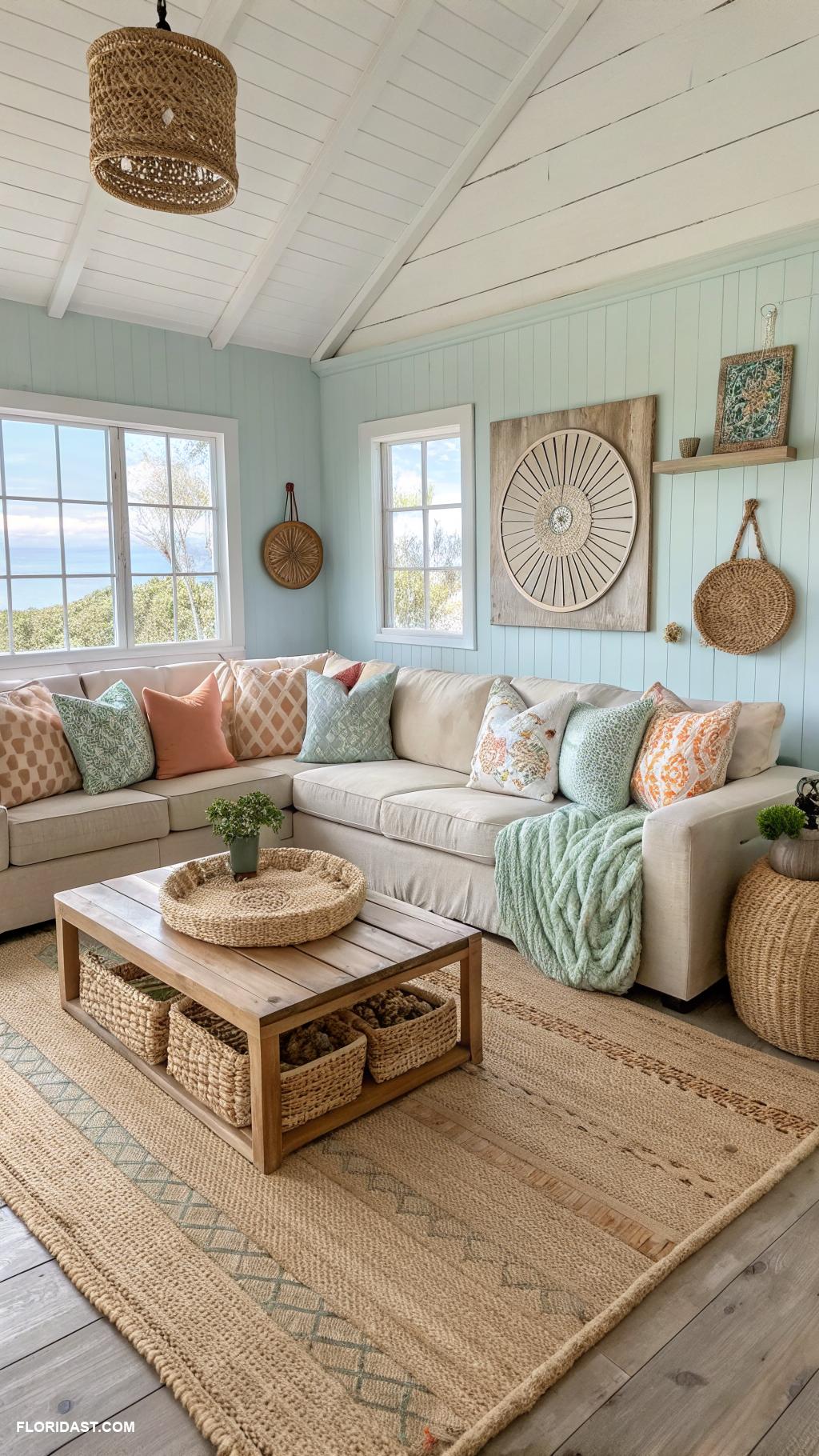 coastal boho living room ideas Woven textures and natural materials throughout