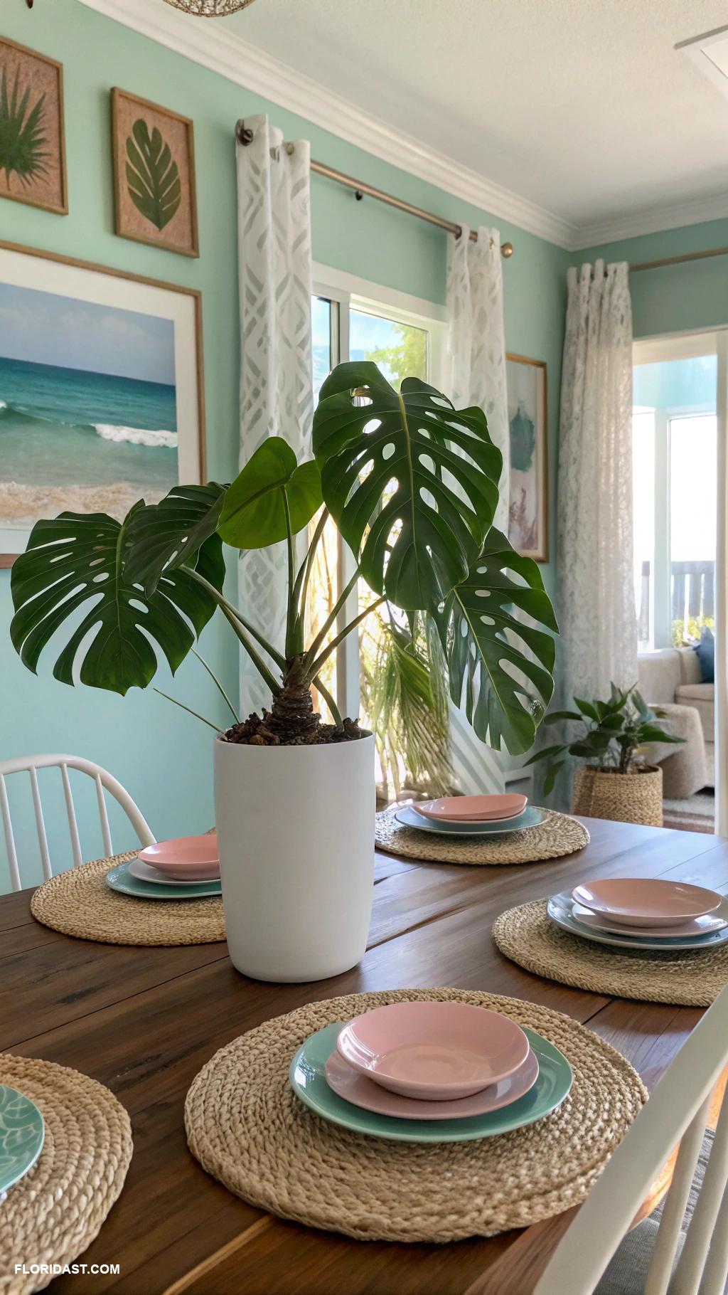 coastal dining room ideas Tropical plant decor for natural vibe