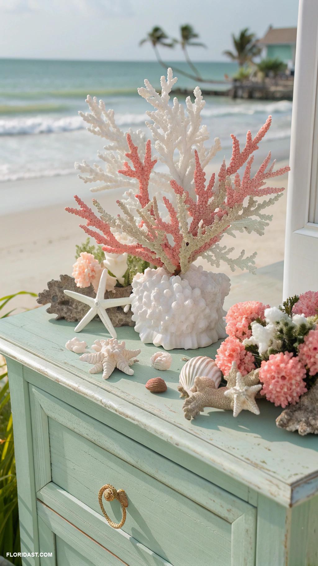 coastal dresser decor Coral sculptures for unique touches