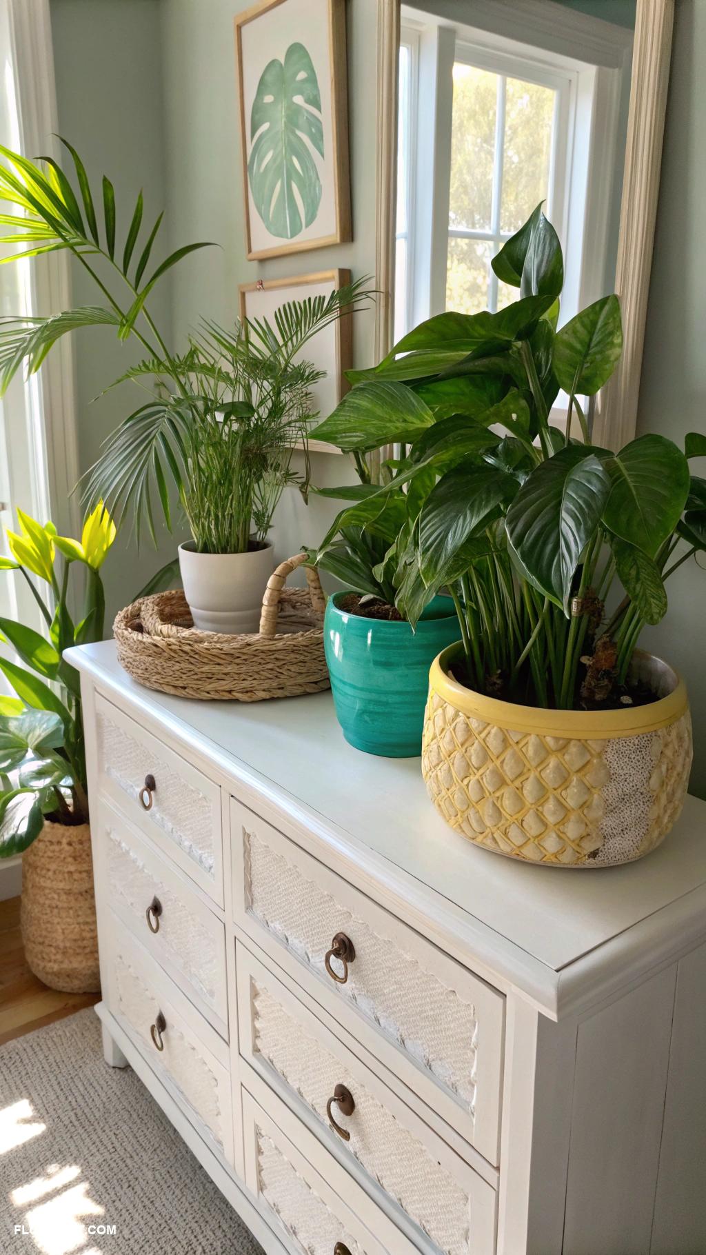 coastal dresser decor Tropical plants in decorative pots