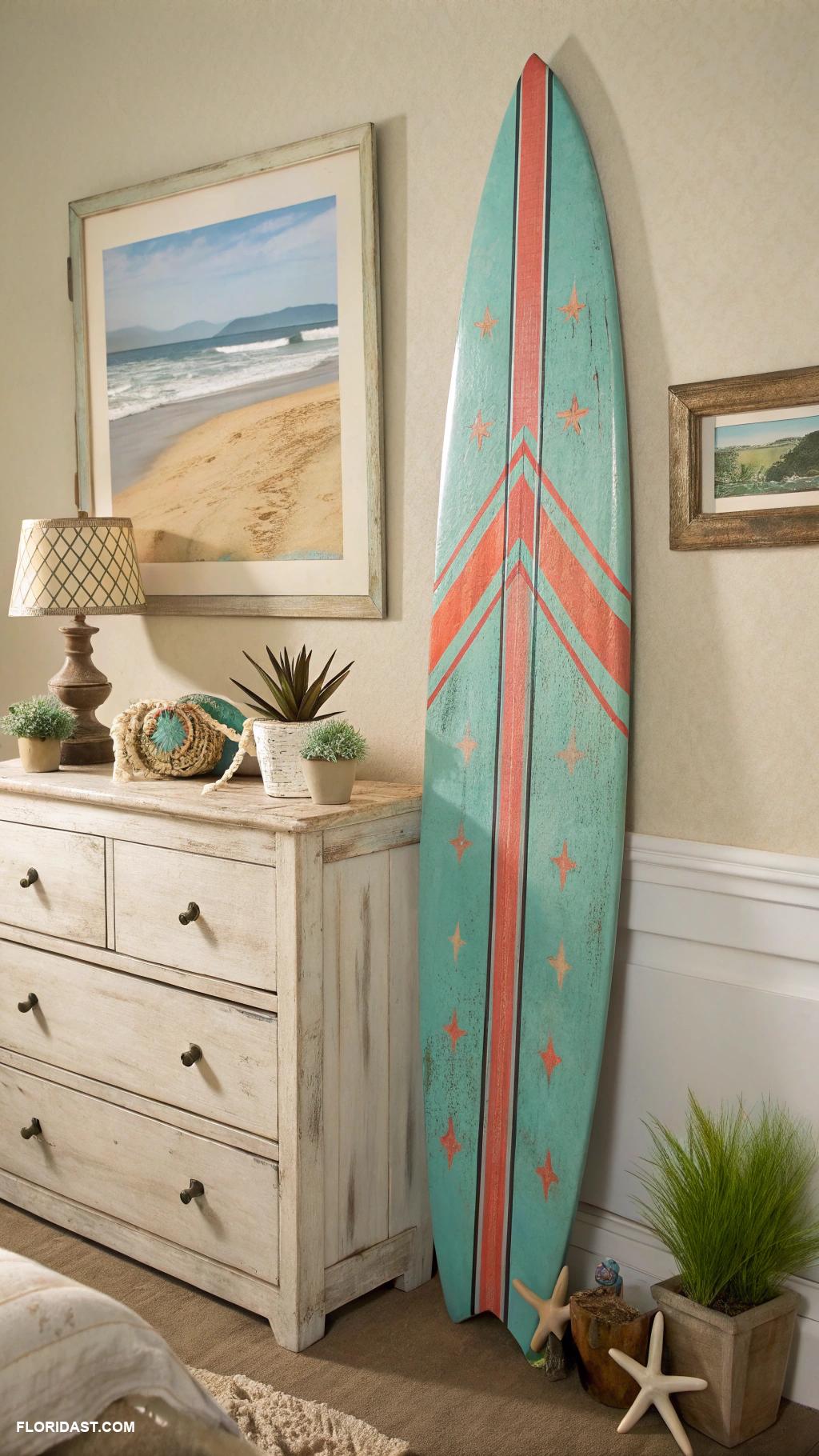 coastal dresser decor Vintage surfboard as wall decor
