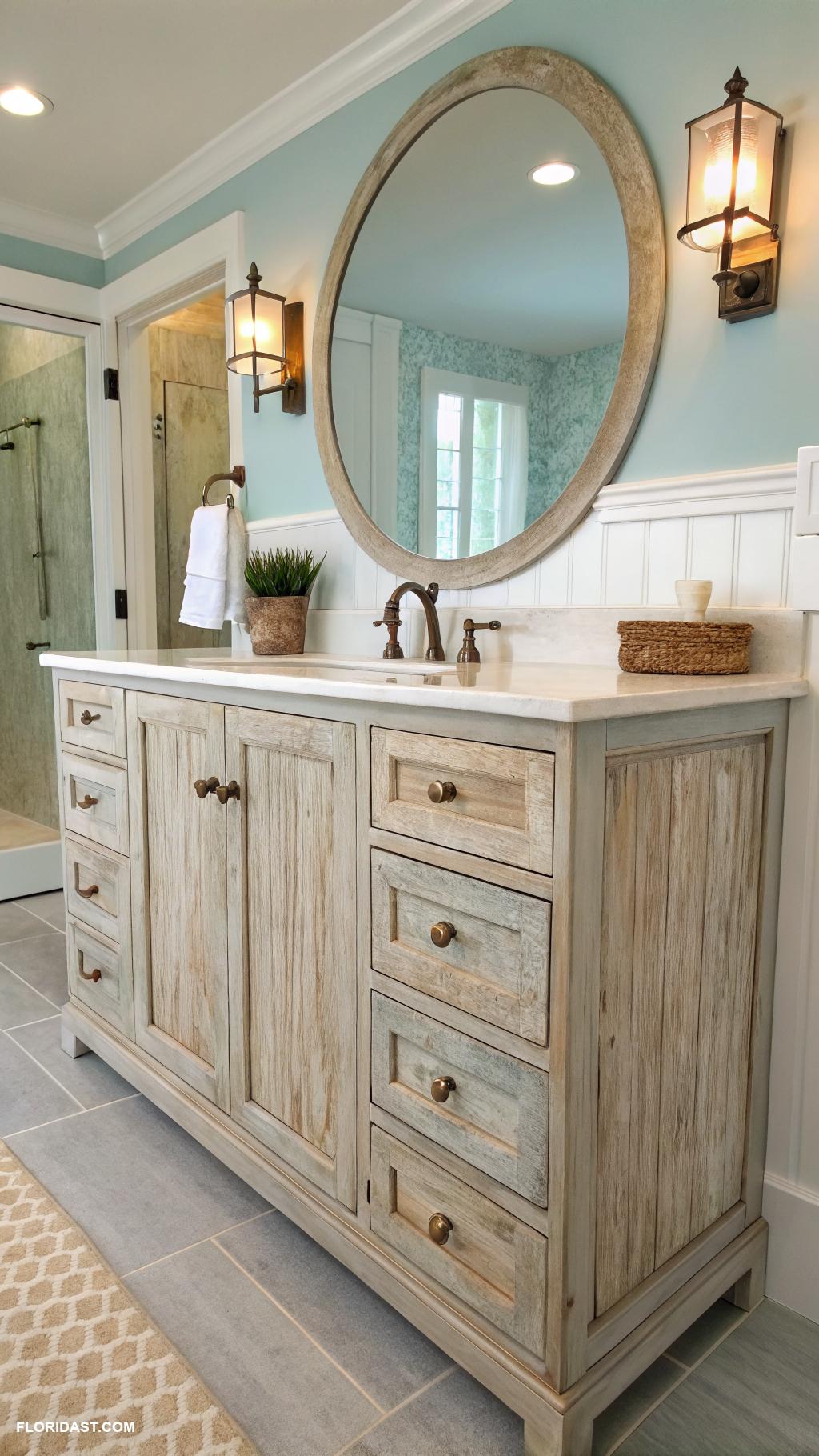 coastal master bathroom ideas Driftwood cabinets for rustic charm