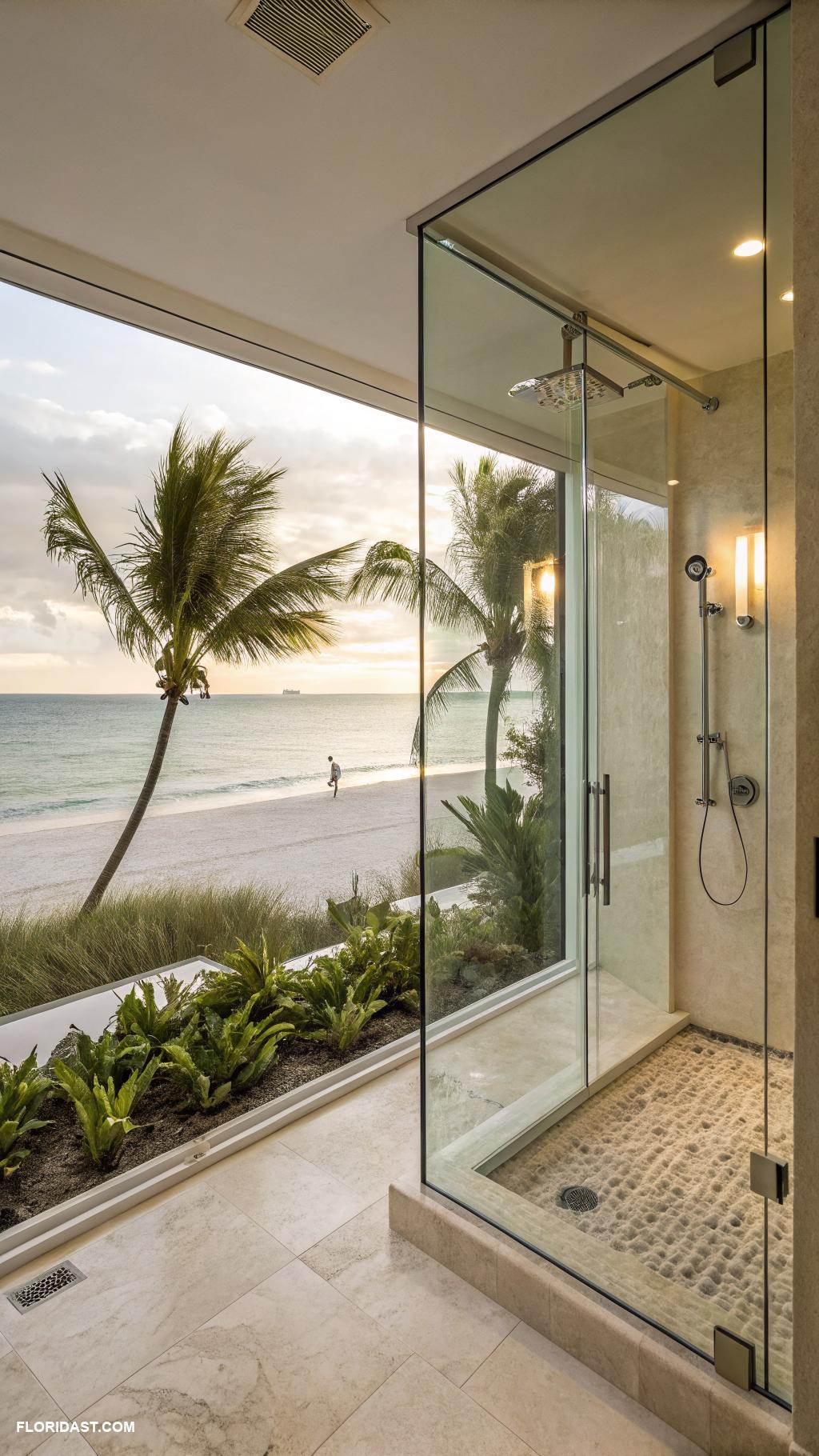 coastal master bathroom ideas Glass shower with beach views