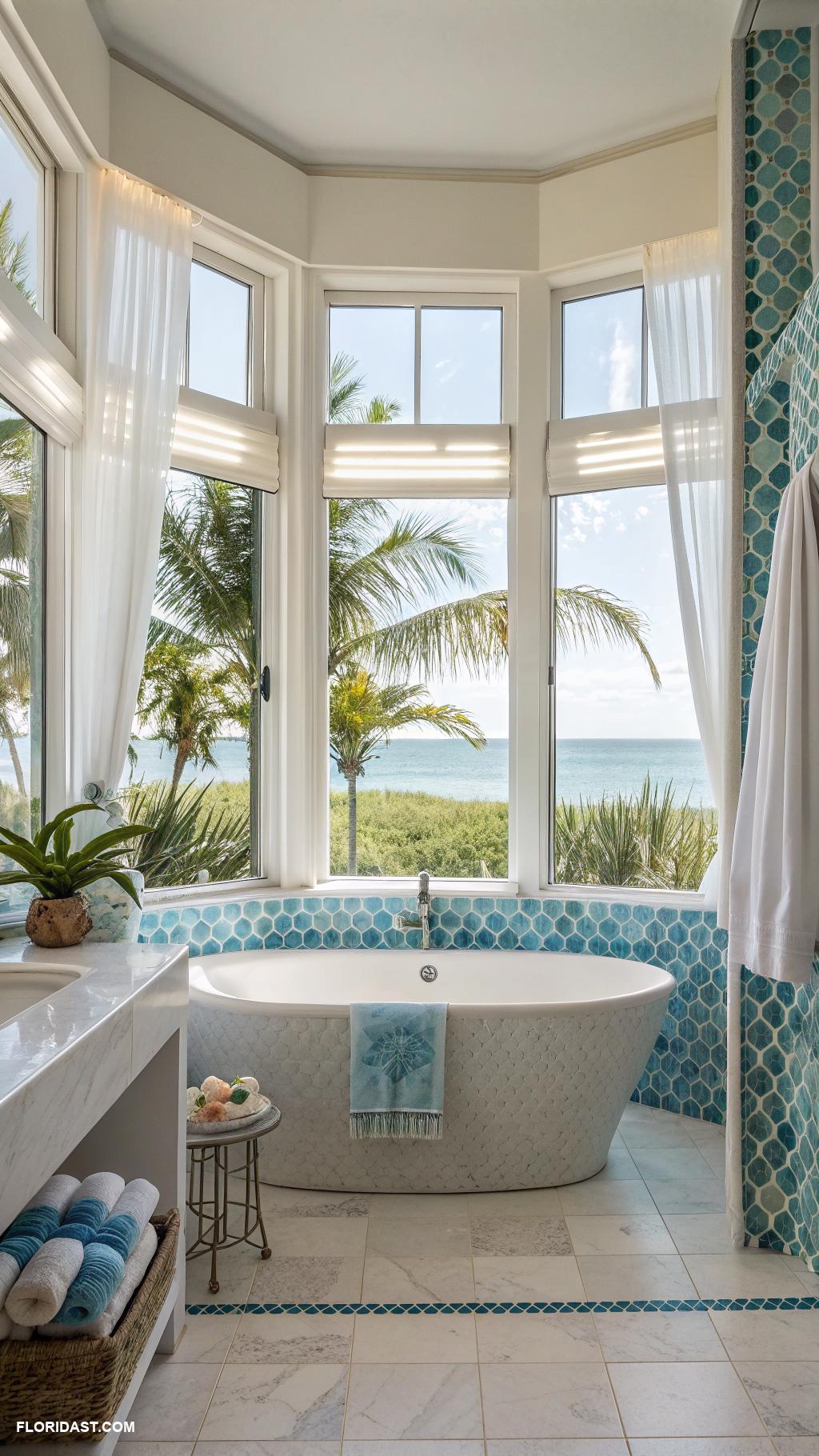 coastal master bathroom ideas Ocean blue tile accents for coastal vibe