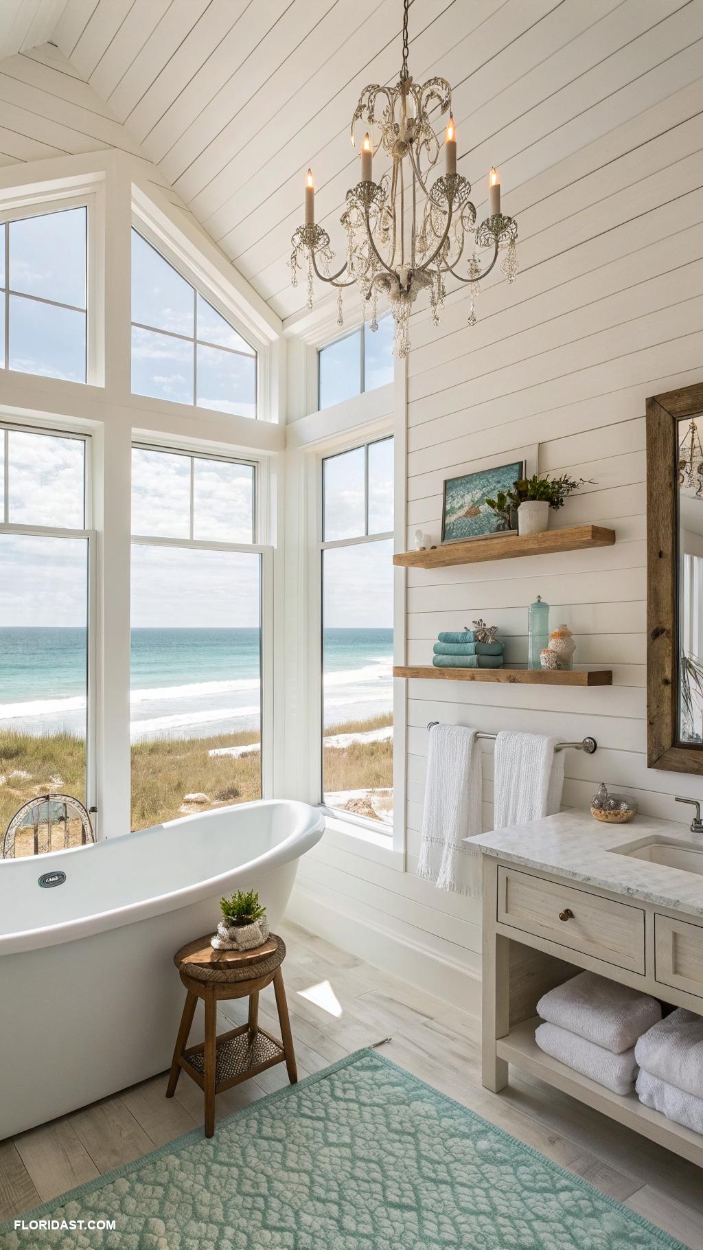 coastal master bathroom ideas White shiplap walls for airy elegance