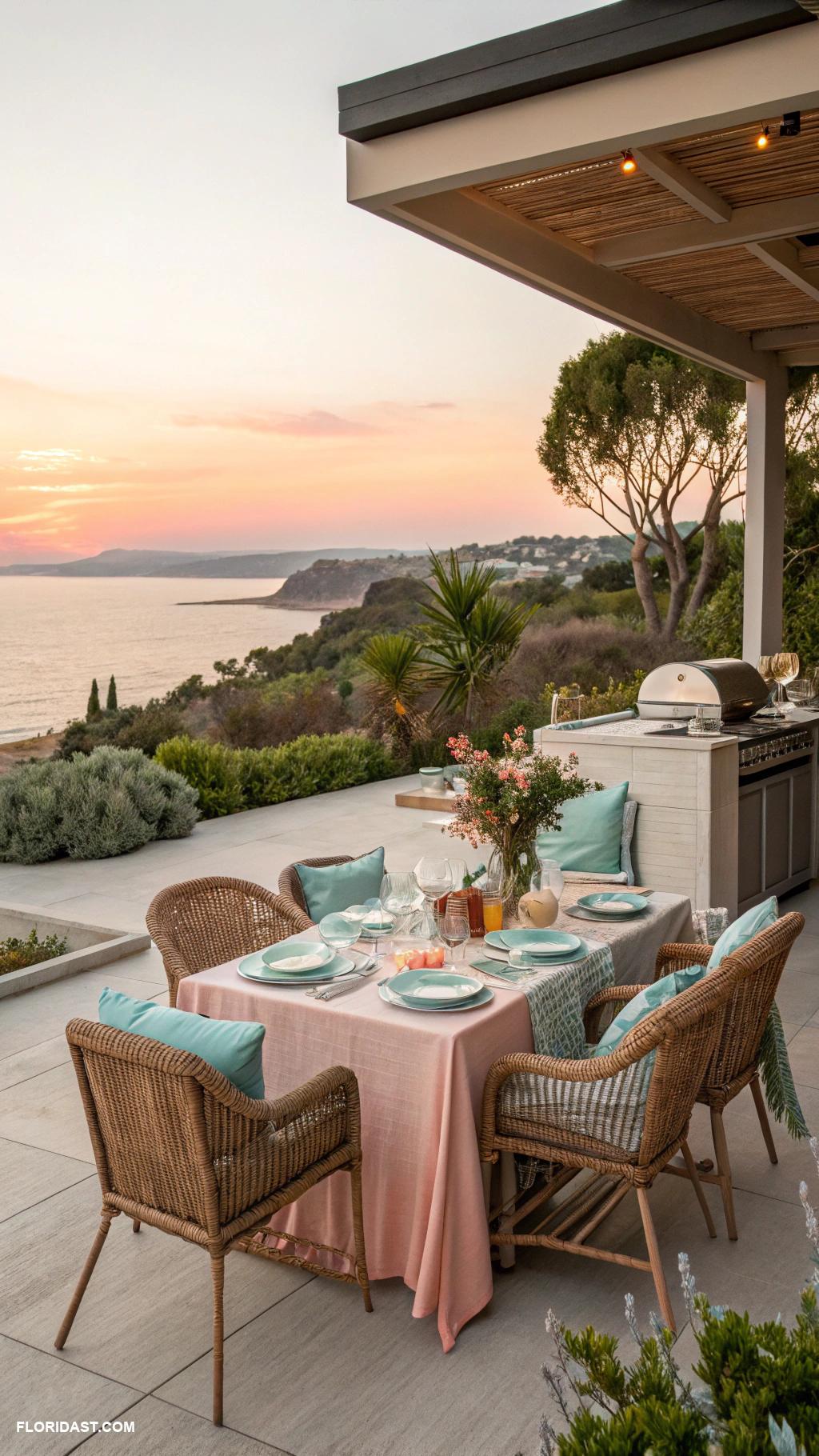 coastal outdoor kitchens Elegant sunset dining patio