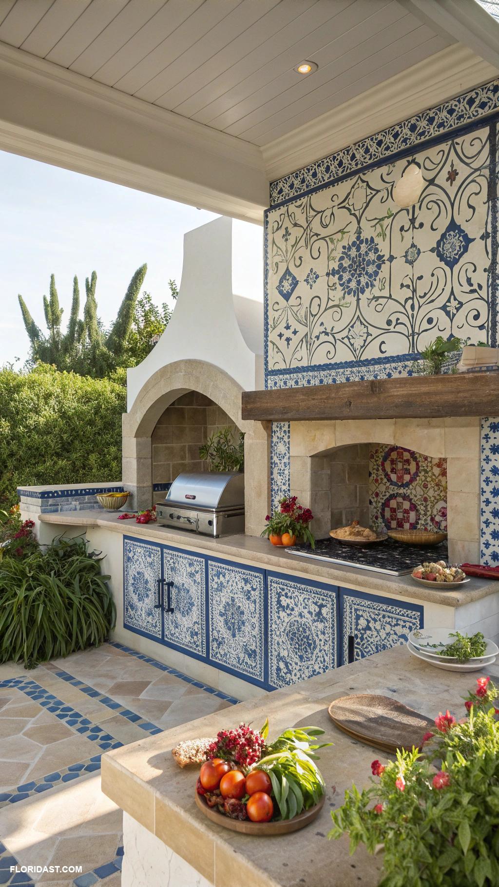 coastal outdoor kitchens Mediterranean tile cooking space