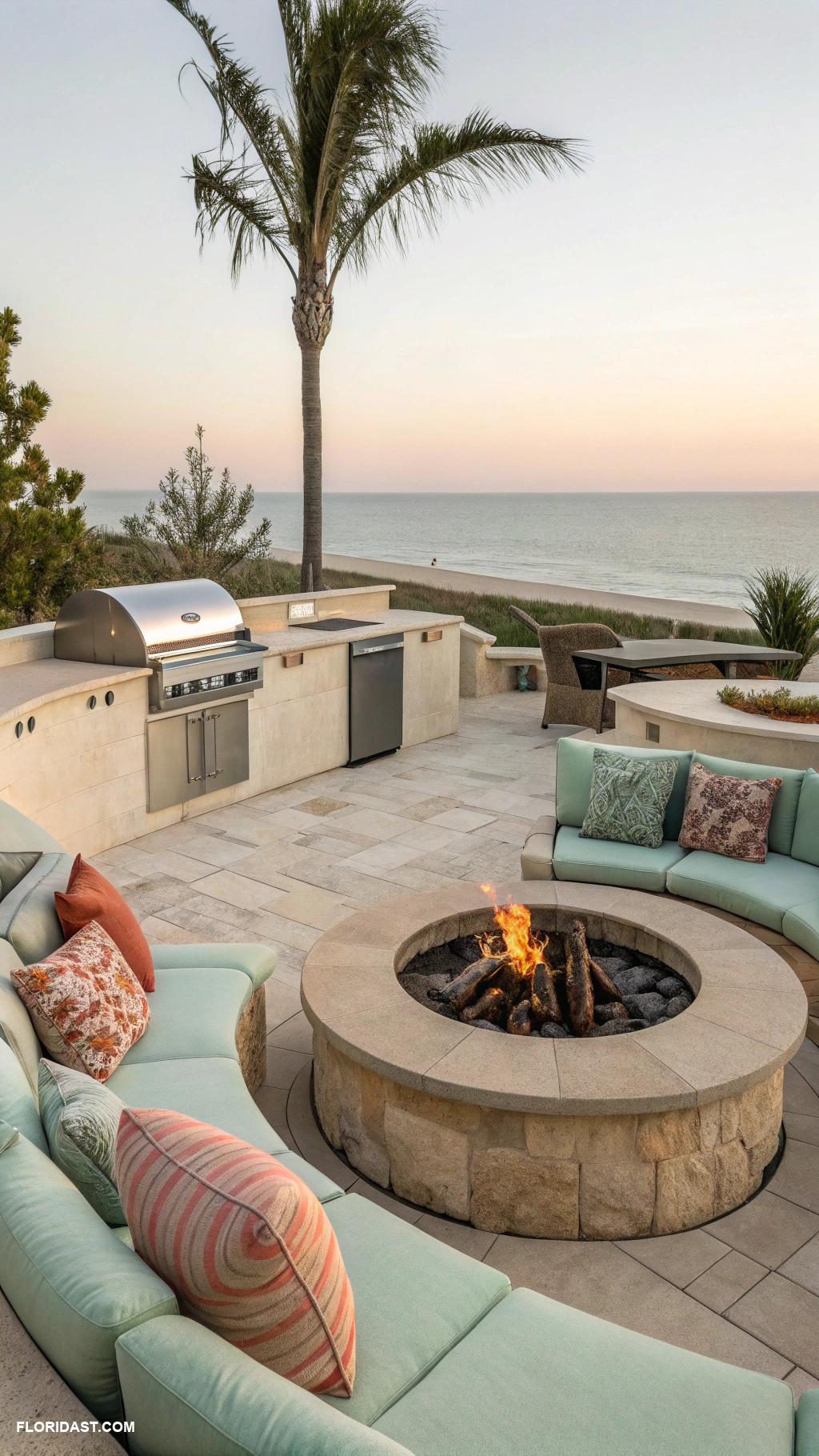coastal outdoor kitchens Palm tree shaded fire pit