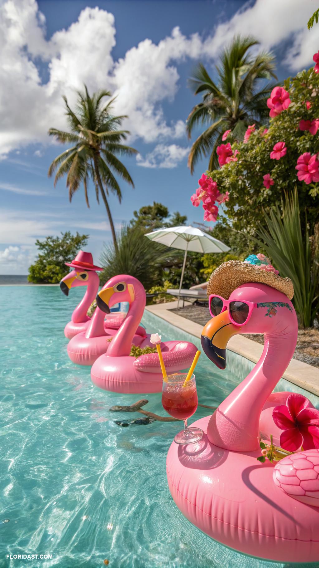 flamingo wallpaper ideas Cartoon flamingos enjoying a pool day
